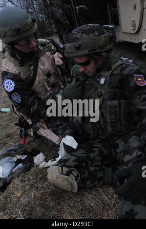 Hohenfels, Germania, 17 gennaio 2013. Un esercito sloveno soldato del 1° Brigata motorizzata tira la sicurezza accanto a un Humvee durante un militare di advisory team (MAT) esercizio presso la multinazionale comune disponibilità centro in Hohenfels, Germania, 17 Gennaio 2013tappetini e di polizia ai team di consulenza sono progettati per replicare l'Afghanistan ambiente operativo durante la preparazione di squadre per operazioni di counterinsurgency con la capacità di formare, consigliare e abilitare l'Afghanistan esercito nazionale e l'Afghanistan della polizia nazionale. (U.S. Esercito foto di Sgt. Gemma Iglesias/rilasciato) Foto Stock