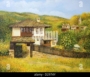 Un dipinto ad olio su tela di un rurale colorato paesaggio autunnale in villaggio Bojenci nelle montagne balcaniche con una vecchia casa. Foto Stock