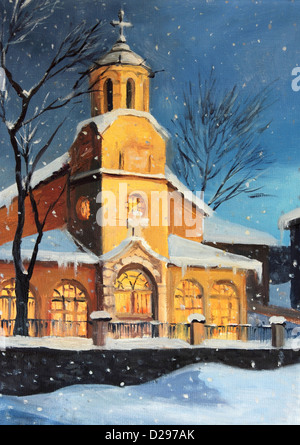 Un dipinto ad olio su tela di una notte di Natale magica scena con una piccola chiesa rurale di alta montagna. Foto Stock