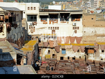 Uomini al lavoro nelle concerie, Fez, in Marocco Foto Stock