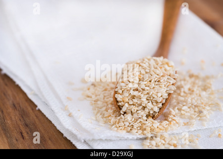 Di semi di sesamo tostati su un cucchiaio di legno, fuoco selettivo Foto Stock