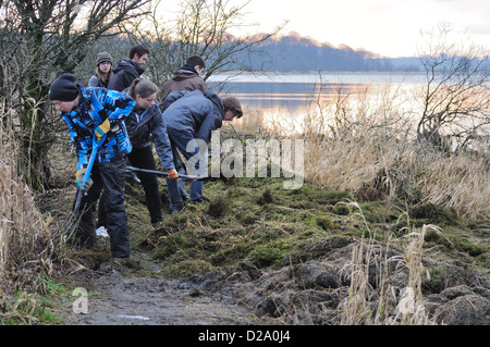 Gli adolescenti la cancellazione di un percorso dopo le alluvioni Muirshiel country park presso il castello semple, Lochwinnoch, Scozia Foto Stock