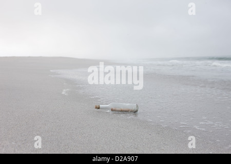 Messaggio in bottiglia lavato fino in spiaggia Foto Stock