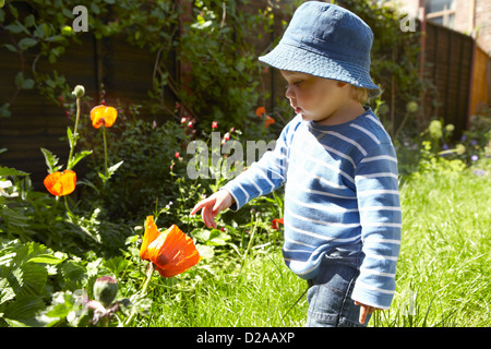 Ragazzi esaminando i fiori nel giardino Foto Stock