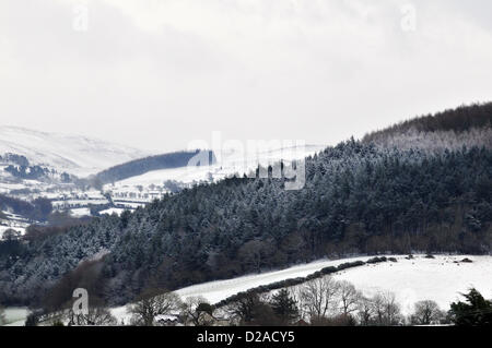 Aberystwyth, Wales, Regno Unito. 18 gennaio 2013. Venti forti e neve di trasmissione attraverso le colline e il bosco in prossimità di Capel Dewi, Aberystwyth, Wales, Regno Unito - come parti del Galles soffrono condizioni di blizzard - 18 gen 2013. Credito: John Gilbey / Alamy Live News Foto Stock