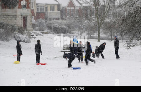 Brighton, Sussex, Regno Unito.18 Gennaio 2013 - I giovani godono di una massa snowball lotta in Queens Park Brighton oggi Foto Stock