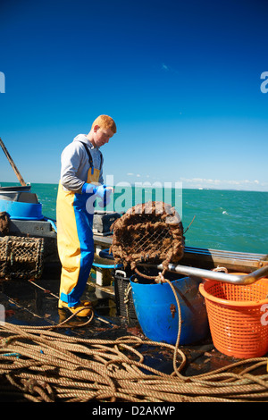 Pescatore al lavoro sulla barca Foto Stock