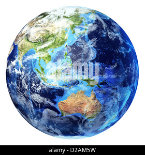 Globo terrestre, realistico in 3D rendering con alcune nuvole. Oceania vista. Su sfondo bianco. Foto Stock