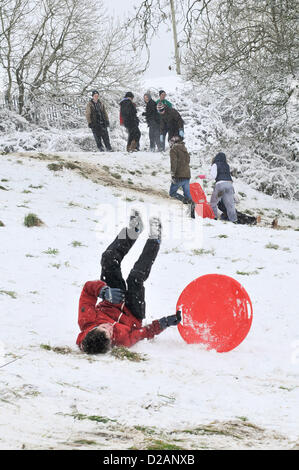 Cardiff, Regno Unito. Venerdì 18 Gennaio 2013. Cardiff, Regno Unito. Un adolescente assume un capovolgimento dopo lo slittino giù per la collina alla periferia di Cardiff, Regno Unito. Tutte le scuole a Cardiff dove oggi chiusa dopo la neve caduta durante la notte che è di continuare nel fine settimana. Il Met Office britannico ha emesso un avviso cattivo tempo per il Sud Est del Galles. Foto Stock