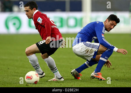 Hannover è Manuel Schmiedebach (L) il sistema VIES per la palla con Schalke's Ciprian Marica durante la Bundesliga tedesca partita di calcio tra FC Schalke 04 e Hannover 96 a Veltins-Arena a Gelsenkirchen (Germania), 18 gennaio 2013. Foto: Kevin Kurek Foto Stock