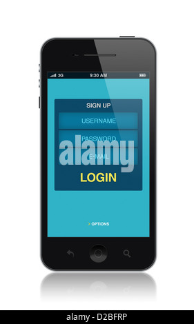 Moderno mobile smartphone con login Modulo di applicazione su una schermata. Isolato su bianco. Alta qualità e illustrazione dettagliata. Foto Stock