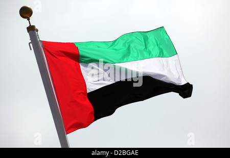 Hong Kong, Cina, Emirati arabi uniti bandiera nazionale sventolare nel vento Foto Stock