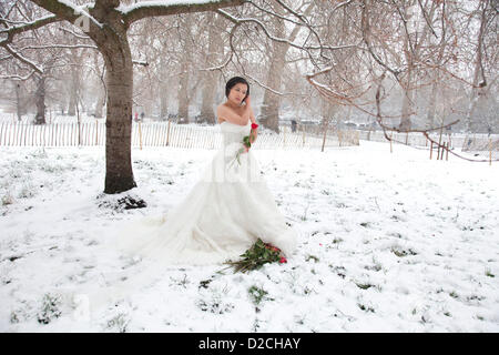 Londra, Regno Unito. Domenica 20 gennaio 2013. Sposa cinesi di essere Sa sa (27) avente alcune foto del matrimonio preso come la caduta di neve copre St James Park a Londra. Essa è dovuta a sposarsi in estate nel Regno Unito per il suo fidanzato Tao Wei (26). Alamy Live News Foto Stock