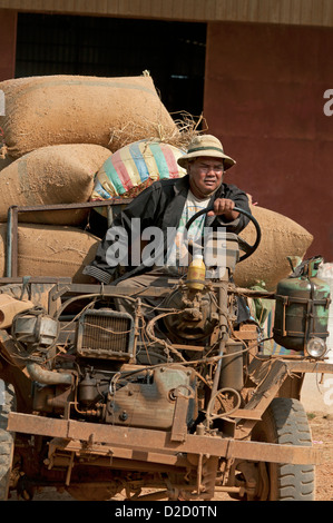 Conducente di un'arcaica carrello per sacchi di riso, Battambang, Cambogia Foto Stock