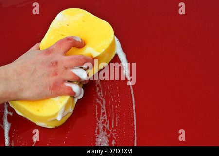 Alto contrasto sorprendente foto di sfondo di un grande schiumoso spugna gialla la pulizia di una superficie generica Foto Stock