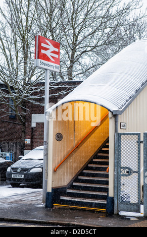 La coperta di neve Ingresso del Strawberry Hill Rail Station dopo una nevicata invernale - LB di Richmond upon Thames,Grande Londra,UK Foto Stock