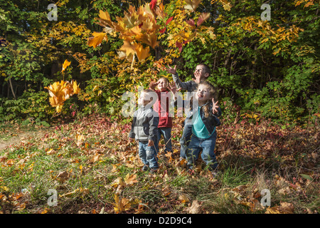 Quattro ragazzi cercando di catturare la caduta di foglie di autunno Foto Stock