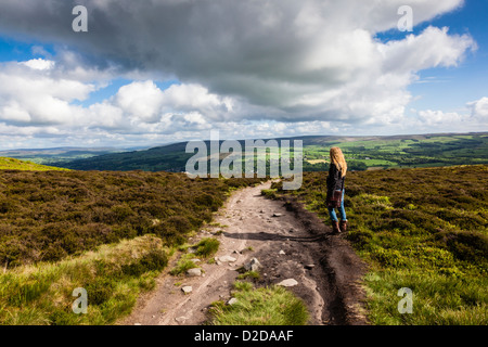Donna attraente si ammira la vista sul modo Dales, attraverso la parte superiore di Ilkley Moor Foto Stock