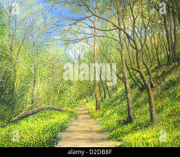 Un dipinto ad olio su tela di un paesaggio stagionale con un vivido verde bosco e fiori gialli in primavera e un sentiero. Foto Stock