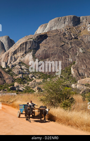 Madagascar, Ambalavao, riserva d'Anja, carrello di giovenco sulla via con montagne rocciose dietro Foto Stock