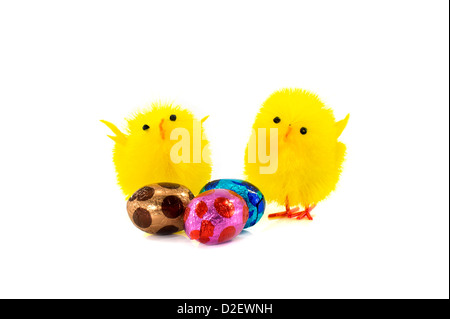 Giallo pasqua anatra e uova in Rosa blu marrone Foto Stock