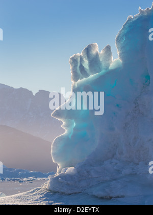 Iceberg della forma della faccia di iceberg alla deriva in Scoresbysund, Sermersooq comune, Groenlandia Foto Stock