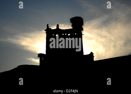 Silhouette di una cicogna's Nest sulla sommità di una torre in teh a Kasbah Ait Ben Haddou sito patrimonio mondiale Foto Stock
