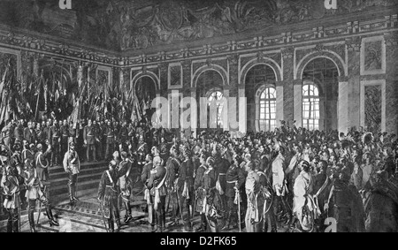 Annuncio di Guglielmo I come imperatore tedesco, 18 gennaio 1871, la Sala degli Specchi del Palazzo di Versailles, Parigi, Francia Foto Stock