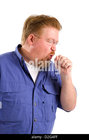 Malati uomo maturo con enfisema tossisce in pugno. Foto Stock