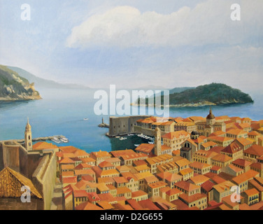 Un dipinto ad olio su tela di una bellissima vista panoramica dal punto più alto della parete della città, verso la città vecchia di Dubrovnik. Foto Stock