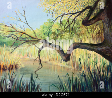 Pittura acrilica foresta di betulla nel pomeriggio soleggiato durante la  stagione autunnale. Luminoso paesaggio autunnale opere d'arte moderne Foto  stock - Alamy