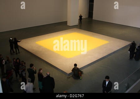 Un campo di colore giallo di polline di nocciola intitolata 'il polline di nocciola dall' artista Svevo Wolfgang Laib è in mostra presso il Museo di Arte Moderna (MoMA a New York, Stati Uniti d'America, 23 gennaio 2013. Il più grande progetto di polline dal 62 anno vecchio artista è stato specialmente progettato per il MoMA e presentato ufficialmente il 23 gennaio 2013. Foto: Christina Horsten Foto Stock