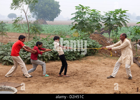 India, Uttar Pradesh, di mezza età agricoltore giocando rimorchiatore di guerra con i suoi tre figli Foto Stock