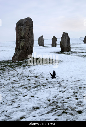 Circolo di pietra di Avebury nella neve Foto Stock