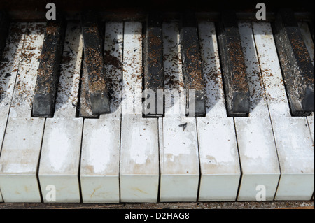 Tasti di pianoforte close up, abbandonati e tastiera rotta seduto fuori del tempo. Foto Stock