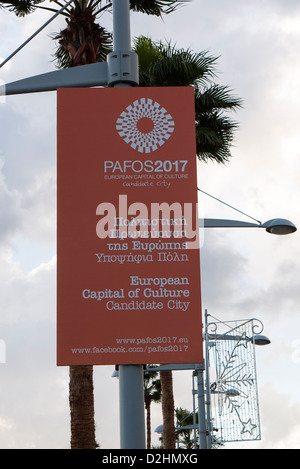 Capitale europea della cultura candidati Cipro Paphos 2017 segno su lampost Foto Stock