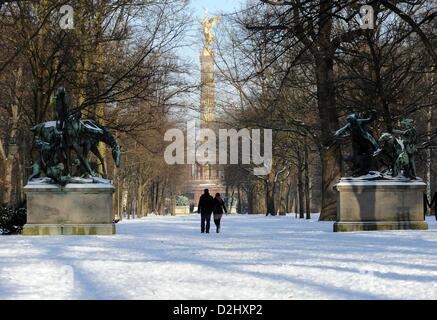 Berlino, Germania. Il 25 gennaio 2013. Un giovane a piedi il loro cane in un snowy Tiergarten di Berlino, Germania, 25 gennaio 2013. Sole brillante attirati molte persone all'aperto. Foto: BRITTA PEDERSEN / Alamy Live News Foto Stock