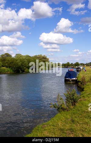 Barche ormeggiate in estate il sole lungo il fiume Tamigi vicino Lechlade, Gloucestershire, UK Foto Stock