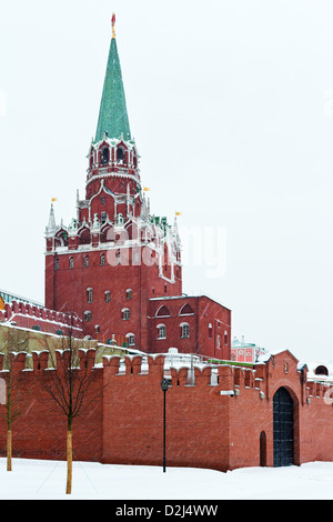 Neve a Mosca - Vista del Cremlino Troitskaya Tower in inverno nevicava giorno Foto Stock