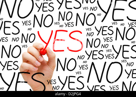 La scrittura a mano sì con il contrassegno rosso sulla cancellazione trasparente stampato. Foto Stock