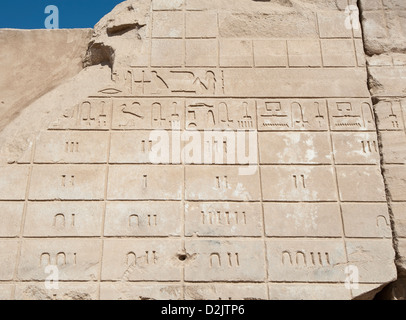 Antica geroglifico egizio incisioni su una parete del tempio di Karnak a Luxor Foto Stock