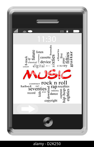 Parola di musica Cloud concetto di telefono touch-screen con grande termini come rock'n'roll, rap, pop, download e altro ancora. Foto Stock