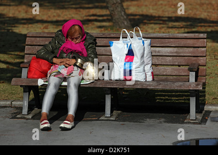 Tokyo, Giappone, una donna che dorme su una panchina nel parco Foto Stock