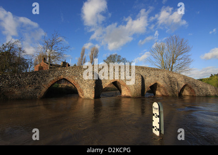 L antico ponte packhorse a Moulton, Suffolk, sorge oltre la sua Ford allagata. Recente la neve è la fusione, portando ad acqua alta. Foto Stock