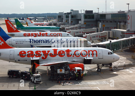 Gli aerei easyJet, Thomas Cook e Air Lingus parcheggiarono sulla rampa del South Terminal, LGW London Gatwick Airport, vicino a Crawley, West Sussex, Inghilterra Foto Stock