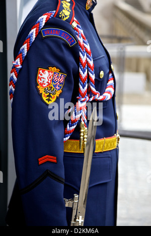 Dettaglio di un soldato in uniforme all'entrata per il Castello di Praga,un sito Patrimonio Mondiale dell'UNESCO. Foto Stock