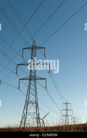 Elettricità tralicci in East Yorkshire, Regno Unito, con una turbina eolica in background contro un cielo blu. Foto Stock