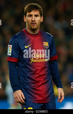 27.01.2013. Mou Camp, Barcelona, Spagna. Lionel Messi (FC Barcelona), durante la Liga partita di calcio tra FC Barcelona e CA Osasuna, allo stadio Camp Nou a Barcellona, Spagna Foto Stock