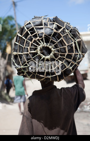 NAMPULA, Mozambico, Maggio 2010 : offrendo carbone da porta a porta. I sacchi di carbone a vendere per 100 mt. (Circa US$3.00). Foto Stock