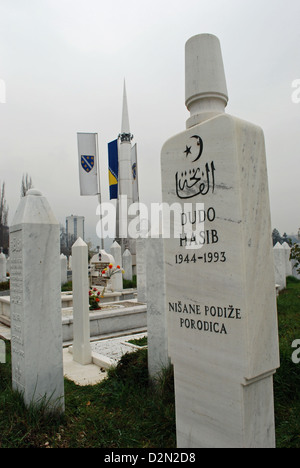 Guerra musulmani tombe nel cimitero di Koševo, Sarajevo. Shahid dei martiri memorial in background. Foto Stock